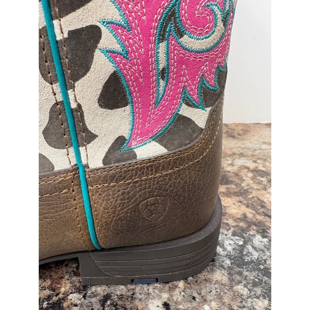 Ariat Girls Cowgirl Boots Cow Print Pink Embroidery Wiggle Room Brown 5 Western